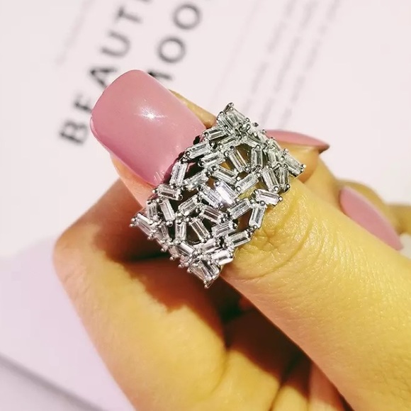 18k WG/S925 Sterling Silver Baguette Diamond Cluster Band - Picture 3 of 8